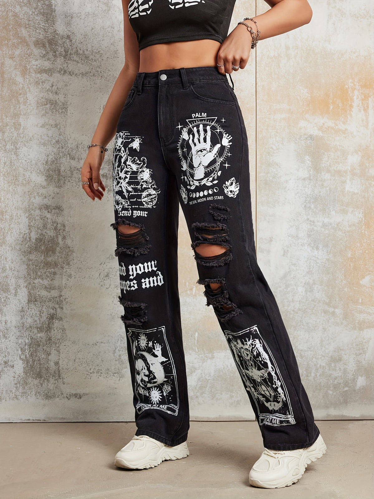 Y2K High-Waisted Straight-Leg Trousers Cartoon Designs Black Casual Streetwear Women's Pants