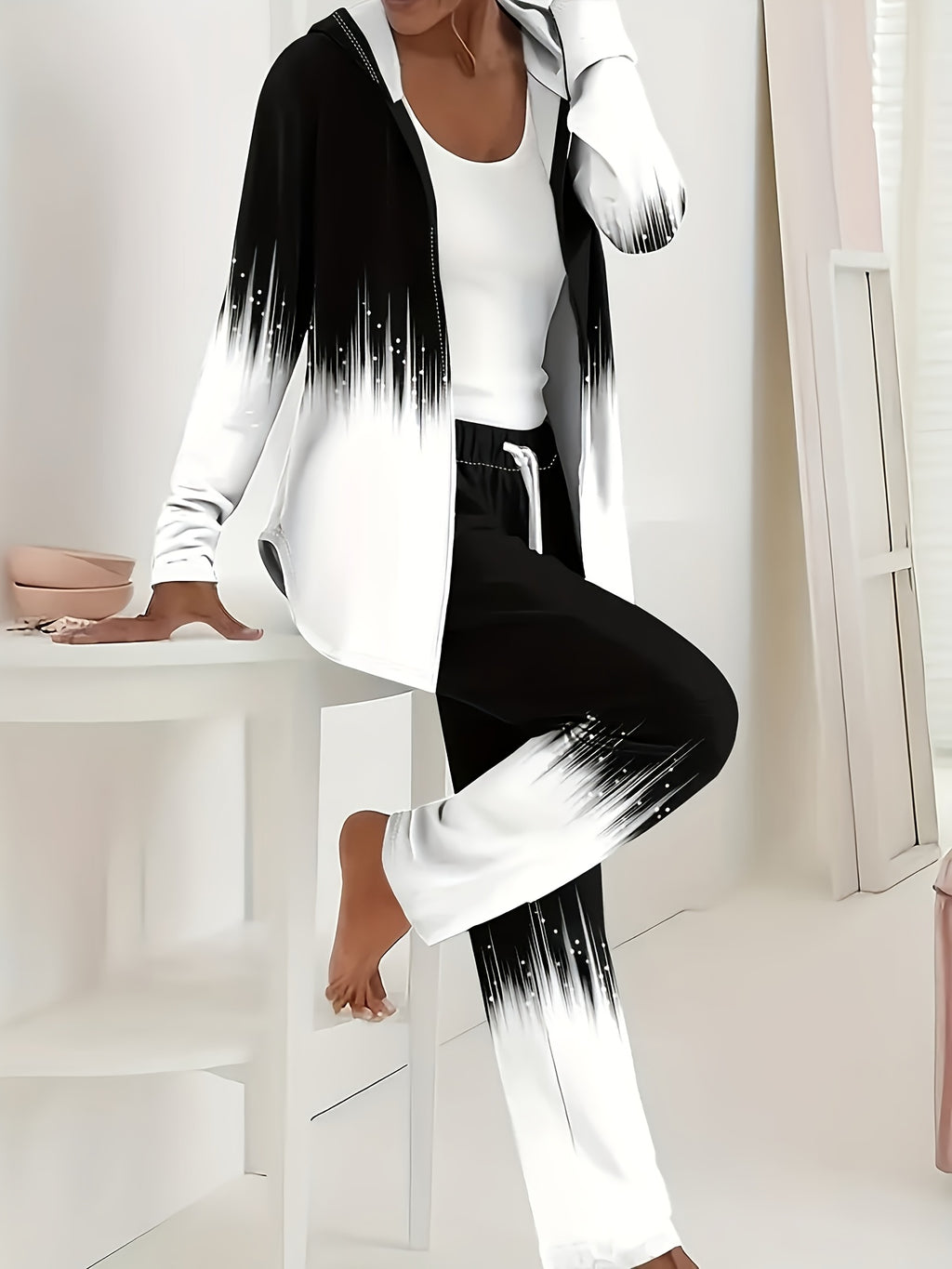 Color Block Hooded Cardigan Wide Leg Pants Lounge Set Women Casual Home Weekend Tracksuit Outfit S-XXL