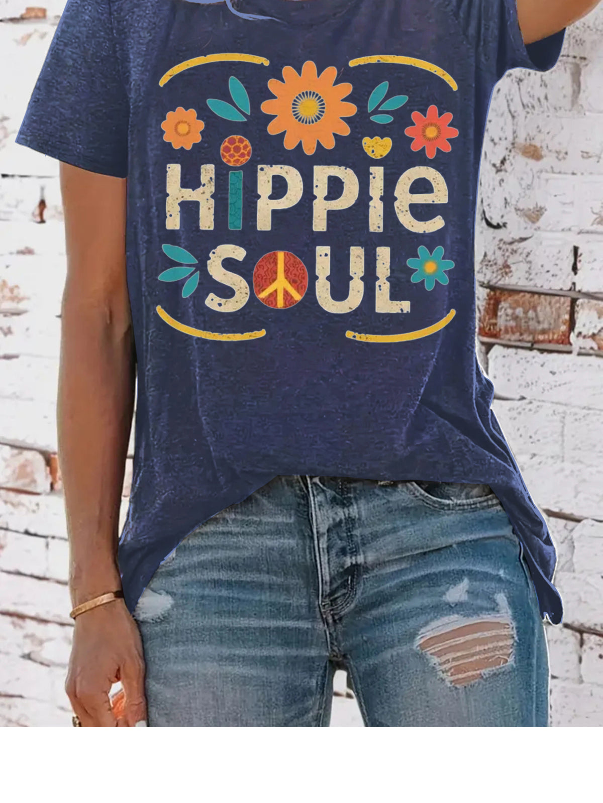 Hippie Soul Boho Graphic Tee Women Vintage Floral Print Festival Casual Comfortable Blend T-Shirt 5 Colors S-XXL