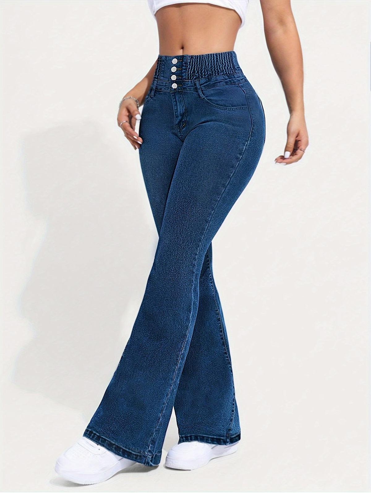 High Waist Flare Leg Jeans Women Vintage Shirring Detail Button Fly Medium Blue Denim All Season