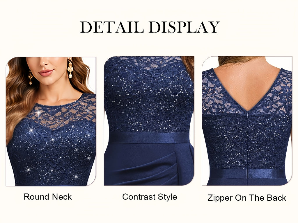 Sequin Lace Bridesmaid Midi Dress Women Cap Sleeve Ruffled Hem Side Slit Formal Wedding Guest Evening Dress
