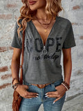 V-Neck Zip Detail Letter Print T-Shirt for Women - Soft Stretchy Casual Top Spring Summer Fall Everyday Wear