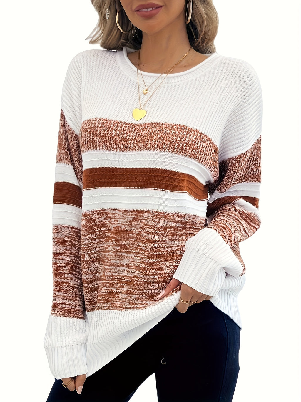 Striped Color Block Ribbed Sweater Women Long Sleeve Pullover Casual Knit Top Fall Winter S-XXL