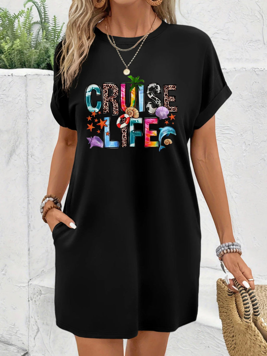 T-Shirt Dress Women Graphic Print Crew Neck Short Sleeve Casual Loose Stretch Spring Summer Machine Washable S M L XL XXL