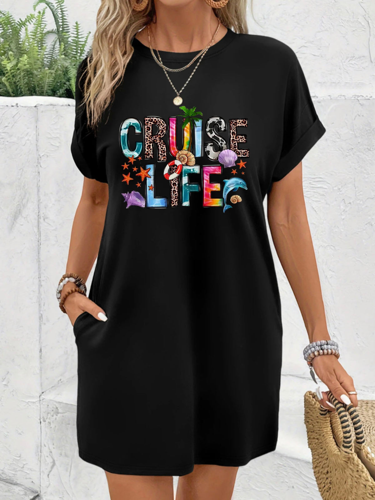T-Shirt Dress Women Graphic Print Crew Neck Short Sleeve Casual Loose Stretch Spring Summer Machine Washable S M L XL XXL