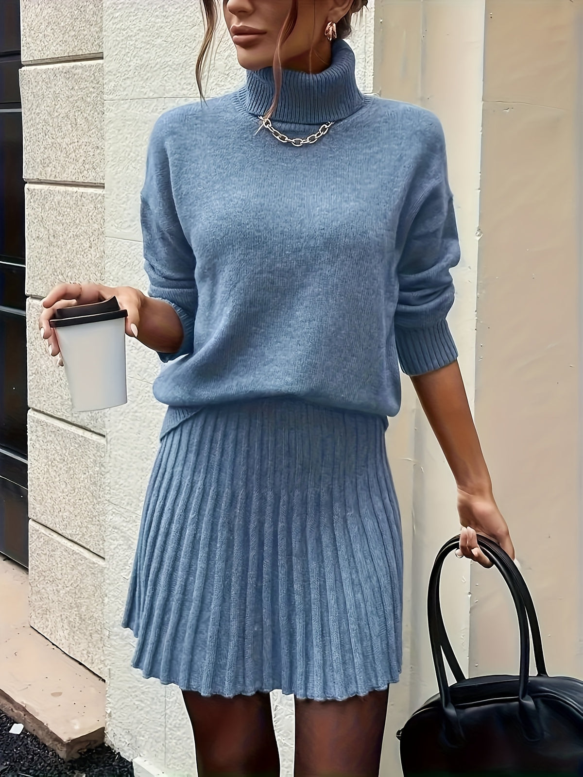 High-Neck Sweater Pleated Skirt Two-Piece Set Women Elegant Drop Shoulder Long Sleeve | Chic Knit Top + Pleated Skirt Co-Ord for Fall Winter Office & Daily Wear