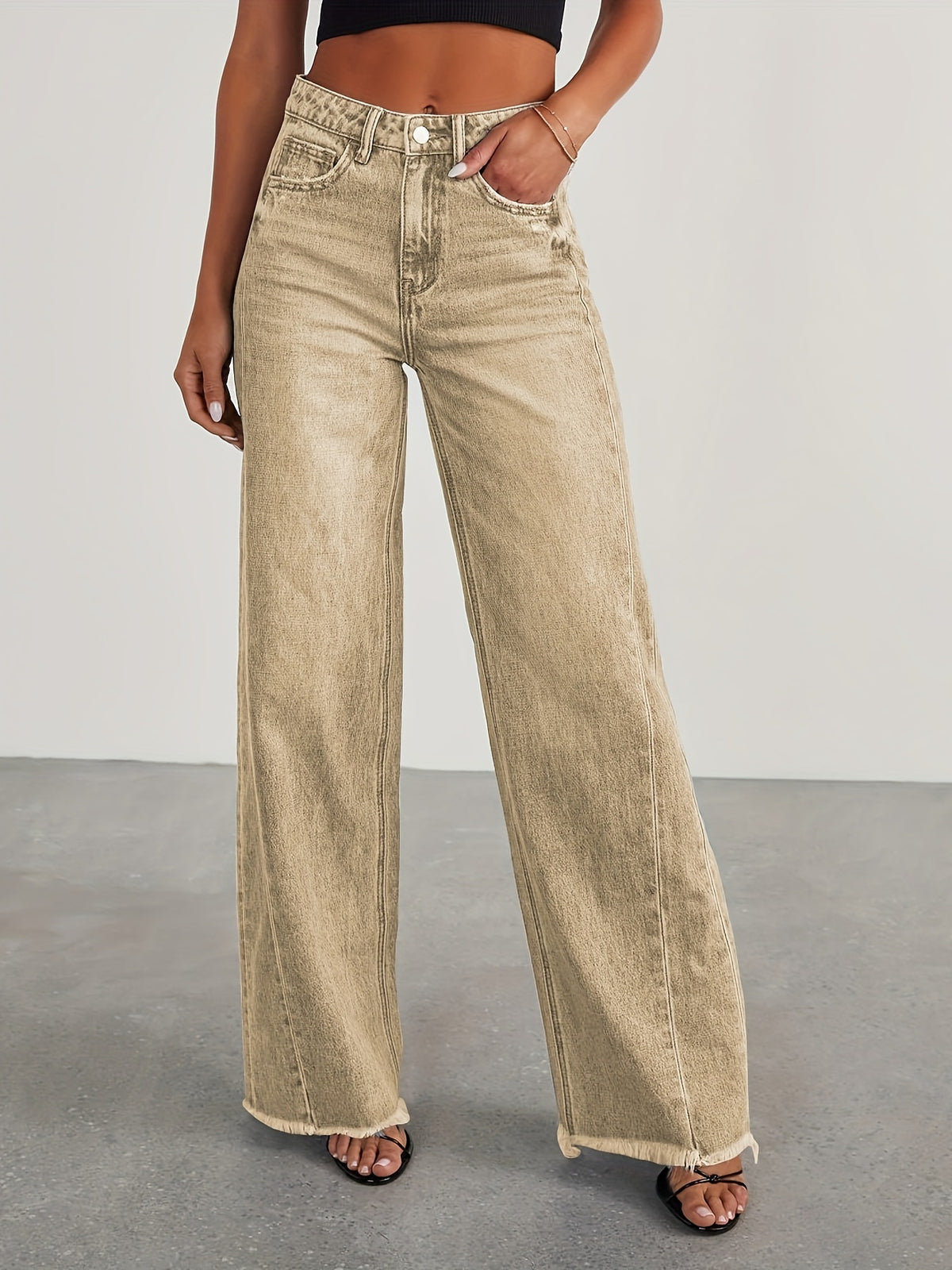 High-Waisted Wide Leg Jeans for Women - Casual Baggy Stretch Denim Pants with Pockets, Relaxed Fit Solid Color Trousers for Everyday & Weekend Wear