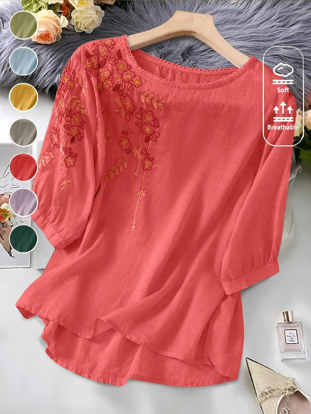 Embroidered Viscose Shirt Women Retro Artistic Loose Fit Top Spring Summer Blouse Light Purple Blue Green Rose Red S-XXL