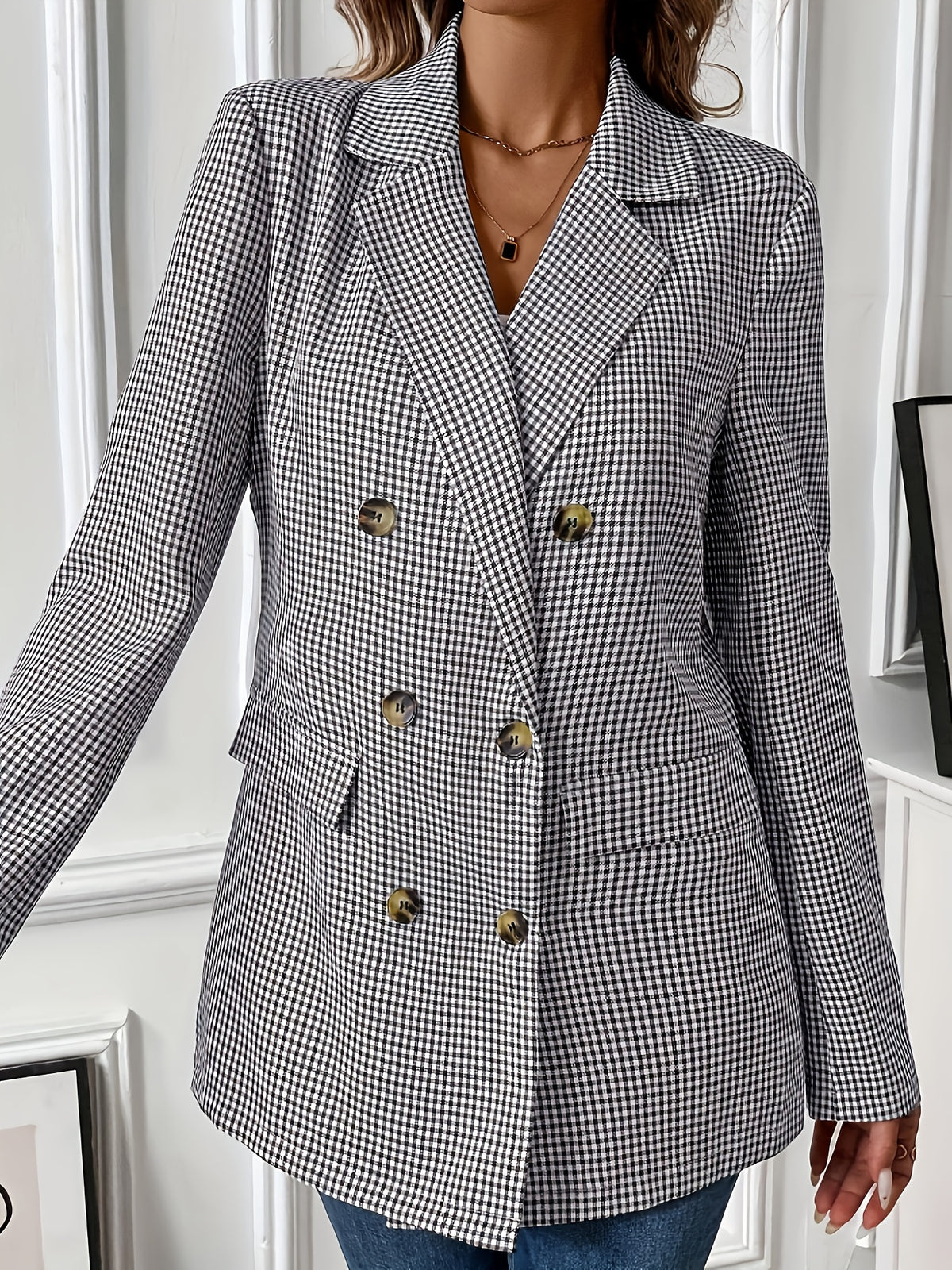 Black White Checkered Blazer Women Double-Breasted Gold Buttons Relaxed Fit Commuter Elegant Suit Jacket S-XXL