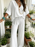 Women's 2 Piece Casual Outfit V-Neck Top & Drawstring Wide Leg Pants Matching Set Daily Commute Vacation