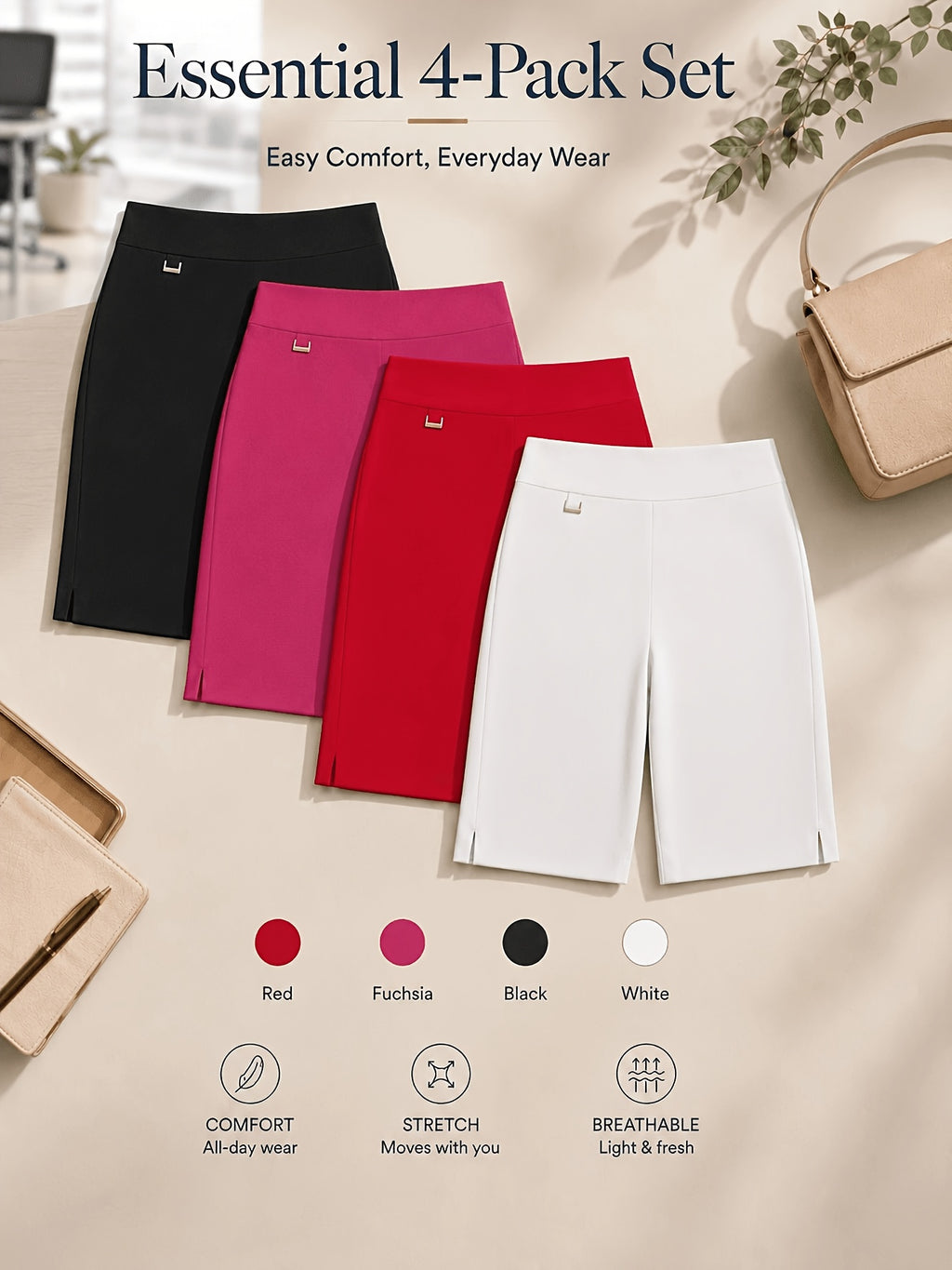 Women's Bermuda Shorts 4-Pack Pull-On Stretchy Breathable Knee Length Work Shorts with Side Slit Hem Skin-Friendly Multi-Color Set