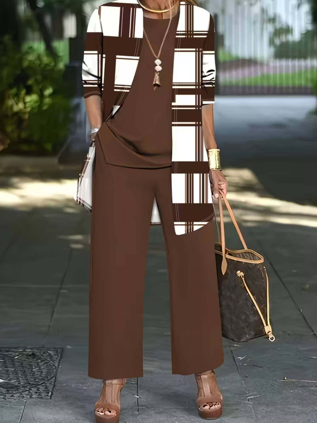 Women's 3pcs Plaid Cardigan Top & Wide-Leg Pants Set Vintage Elegant Commuting Outfit XXL