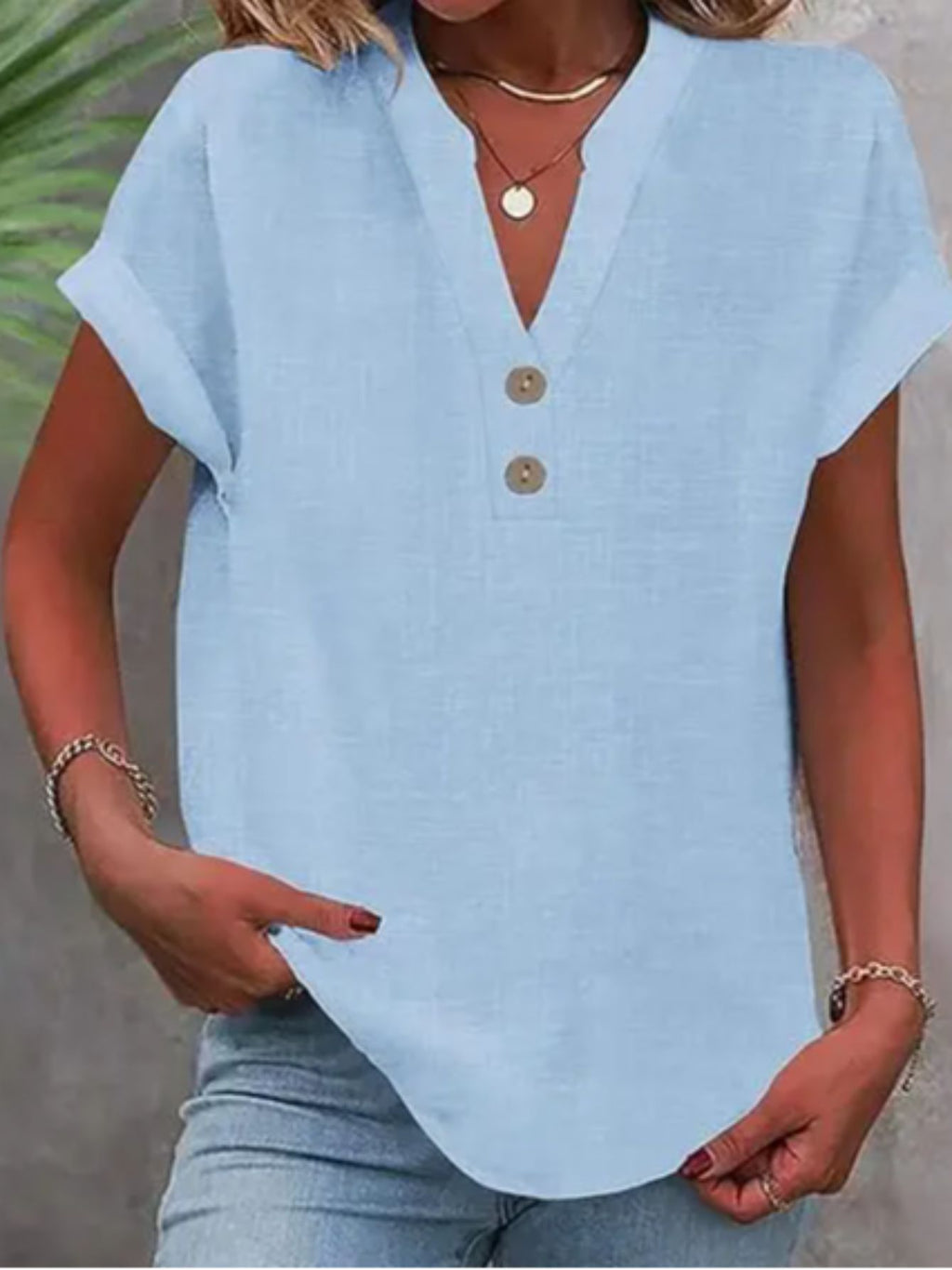 V-Neck Button Placket Tee Women Solid Color Short Sleeve Casual Summer Top Lightweight Breathable 15 Colors S-XXL