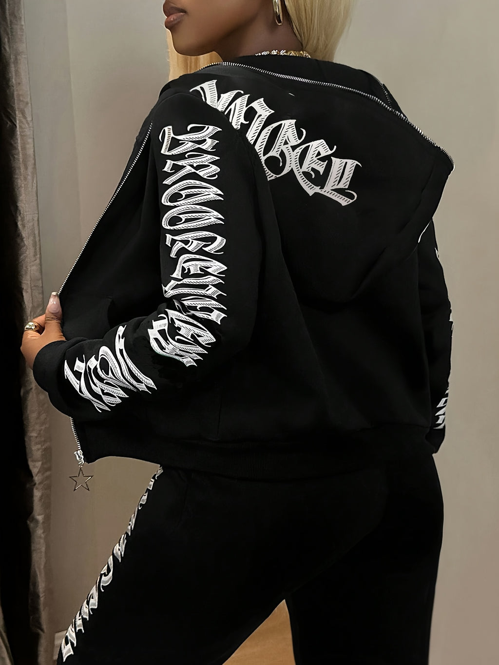 Zip Hoodie Letter Print Tracksuit Set Women Long Sleeve Hooded Casual Sporty Matching Outfit Fall Winter S-XXL