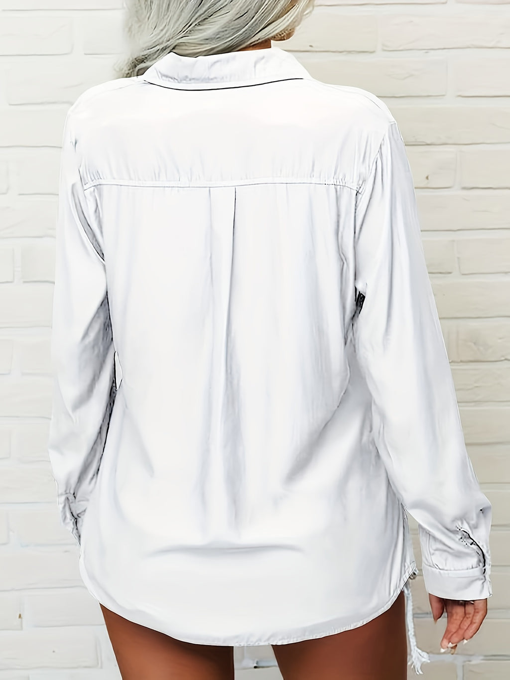 Women's V-Neck Button Down Blouse Slim Fit Lapel Collar Long Sleeve Work Shirt with Chest Pocket Roll-Up Cuffs