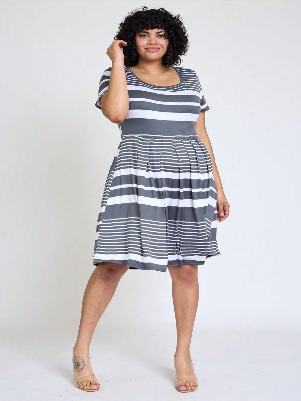 Paisley Floral Swing Dress Women Chevron Stripe Patchwork Pleated Square Neck Elastic Waist Midi Casual Plus Size S-3X