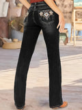Geometric Embroidered Mid-Rise Flared Jeans for Women – Stretch Vintage Denim, High-Elasticity All-Season Comfort, Sizes S-XXL