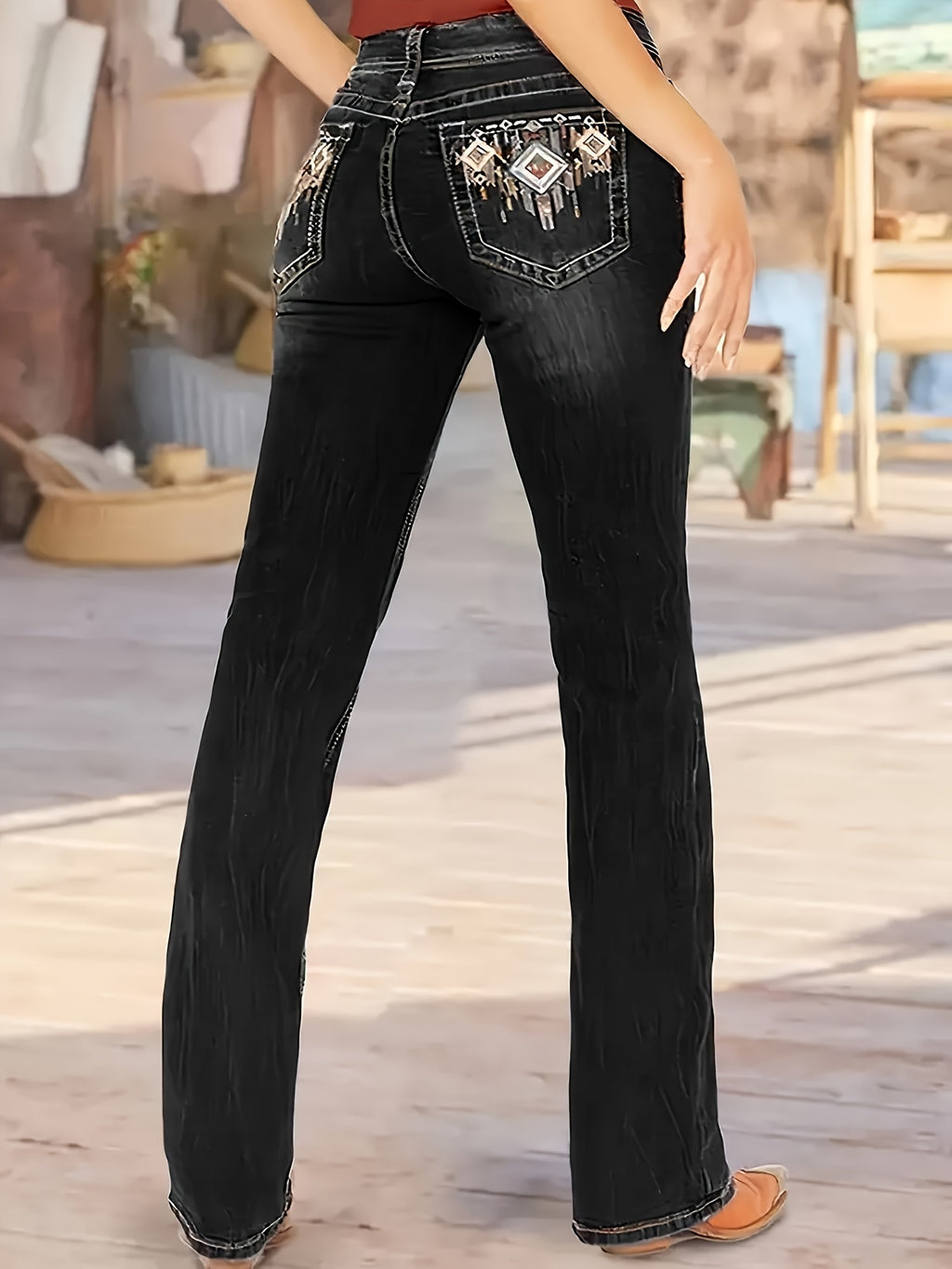 Geometric Embroidered Flared Jeans for Women – Mid-Rise Stretch Vintage Denim, High-Elasticity All-Season Comfort, Sizes S-XXL