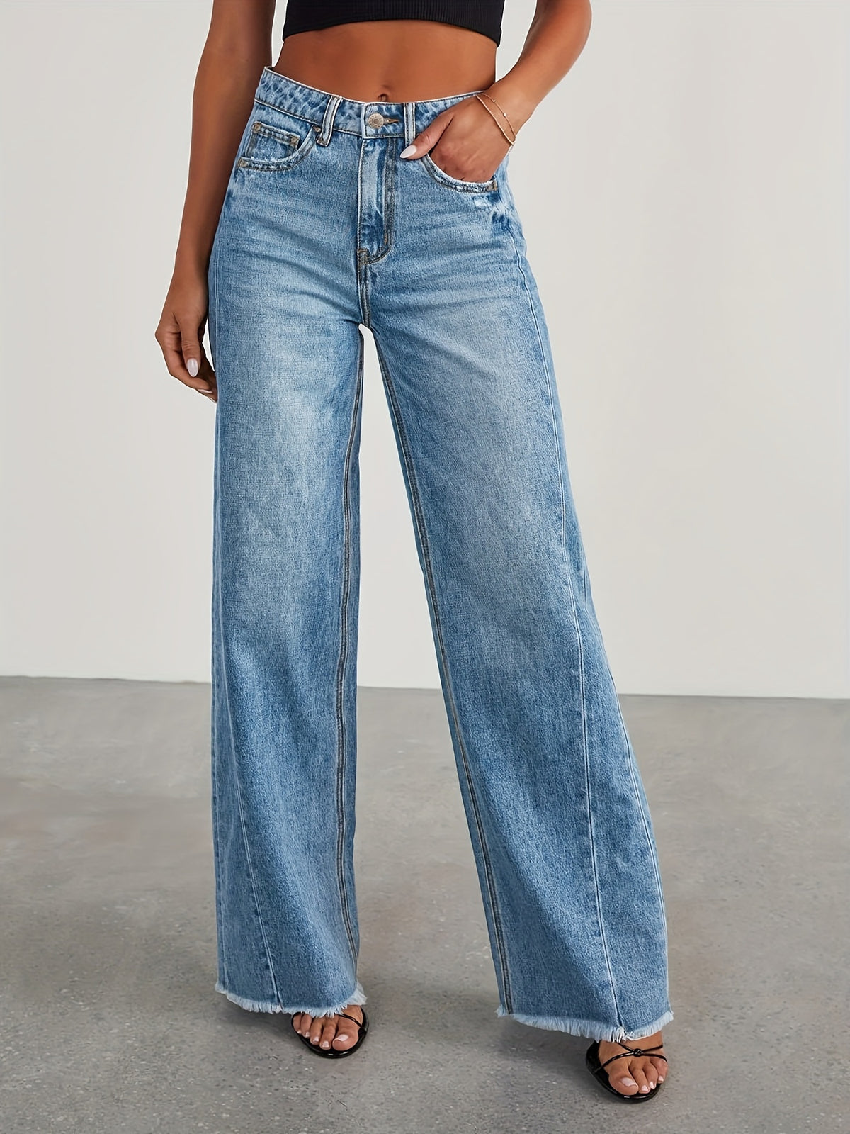 High-Waisted Wide Leg Jeans for Women - Casual Baggy Stretch Denim Pants with Pockets, Relaxed Fit Solid Color Trousers for Everyday & Weekend Wear