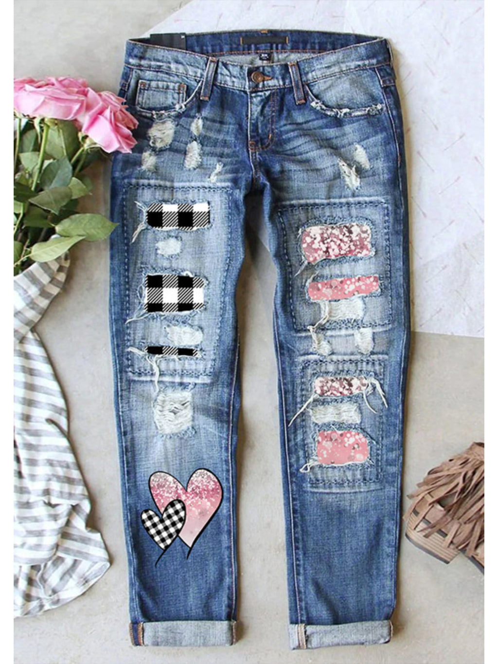 Women's Color Block Heart Print Jeans Black White Plaid & Pink Slim Fit Skinny Denim Pants Fashion Printed Jeans