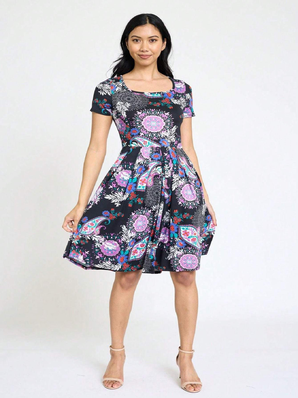 Paisley Floral Swing Dress Women Chevron Stripe Patchwork Pleated Square Neck Elastic Waist Midi Casual Plus Size S-3X