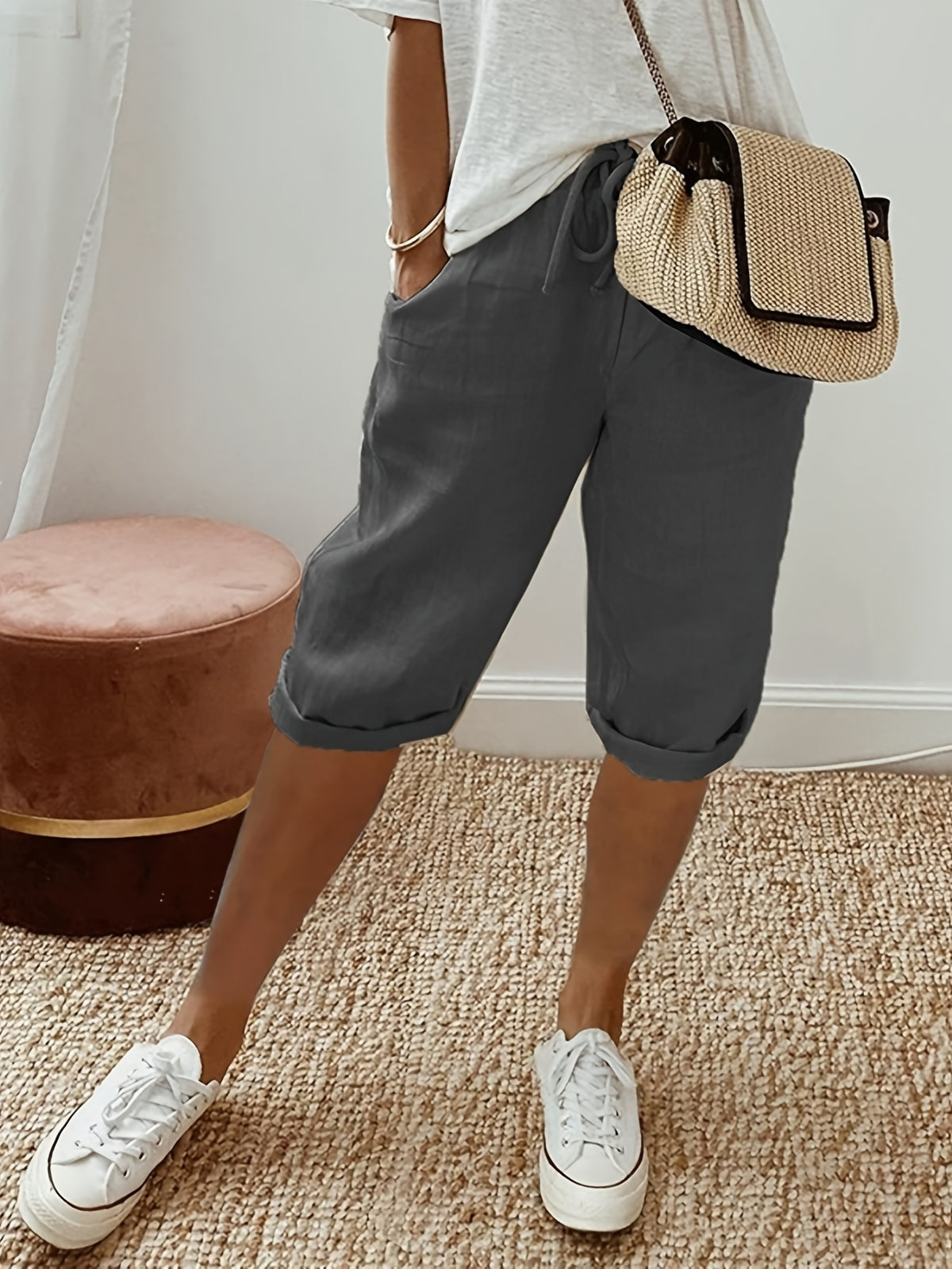 Boyfriend Capri Pants Set Women 3-Piece Drawstring Waist Curled Hem Pockets Casual Holiday Beach Summer Relaxed
