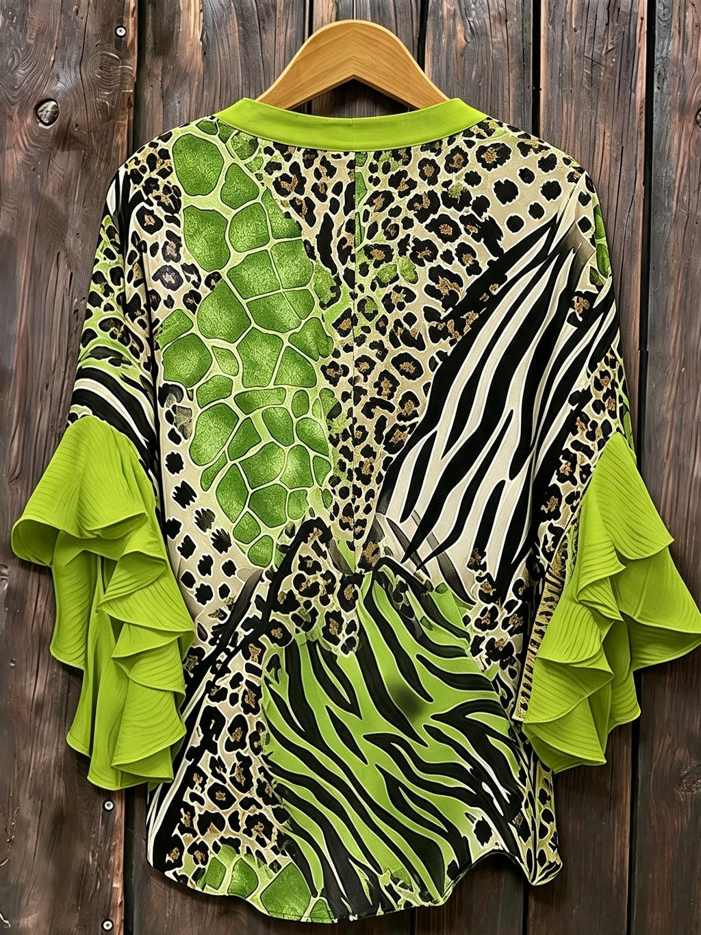 Animal Print Ruffle Sleeve Tunic Top Women V-Neck Long Blouse Three Quarter Patchwork Loose Fit Casual Daily Commute Date Night 95% Polyester