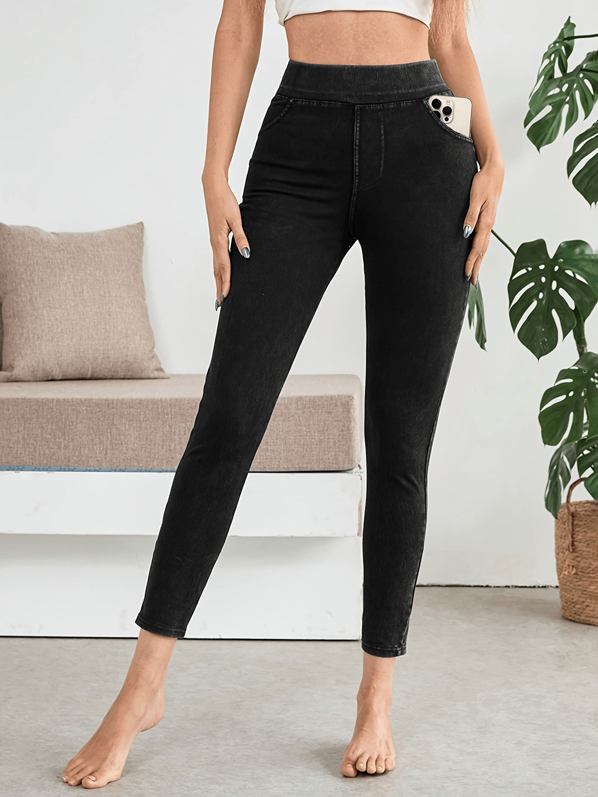 Women's High-Waisted Slim Elastic Pencil Jeans Yoga Pants Navy Black Light Blue All Season