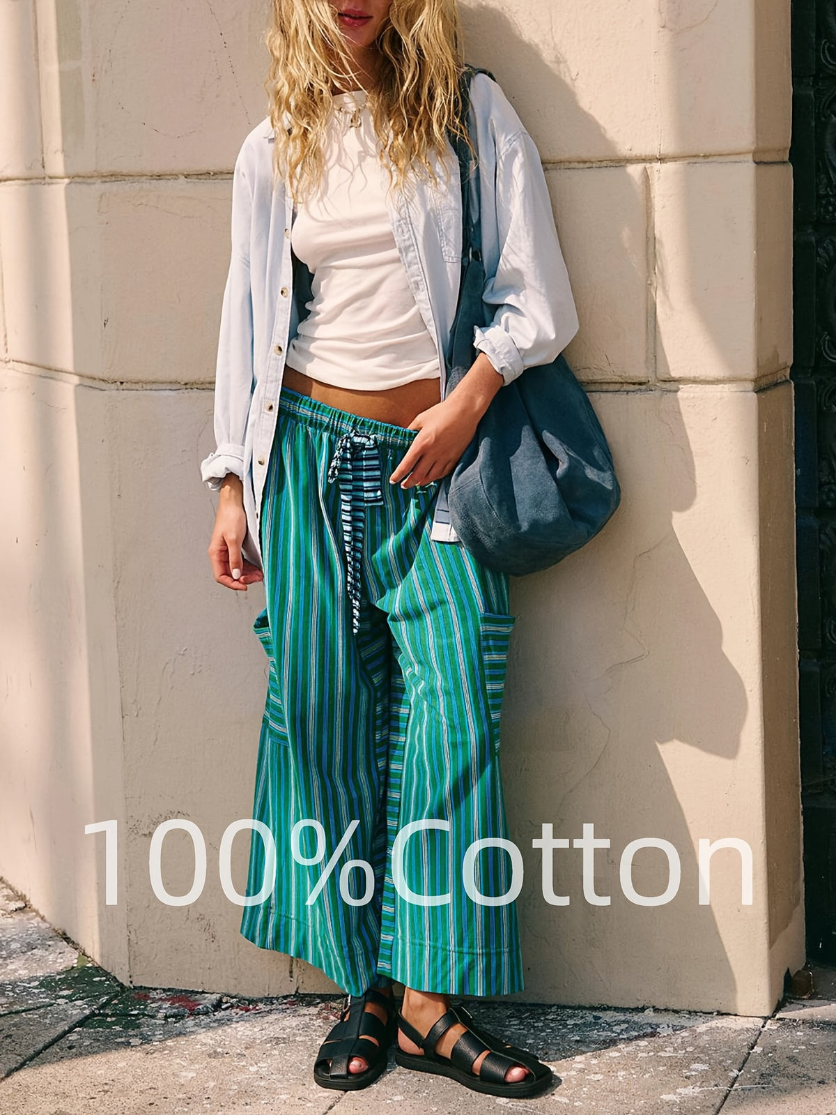 Striped Wide Leg Pants for Women – Horizontal Stripe Elastic Drawstring Waist Side Pockets, Casual Lounge Trousers Machine Washable Spring Summer Warm Weather Airy Comfortable Bottoms S-XXL
