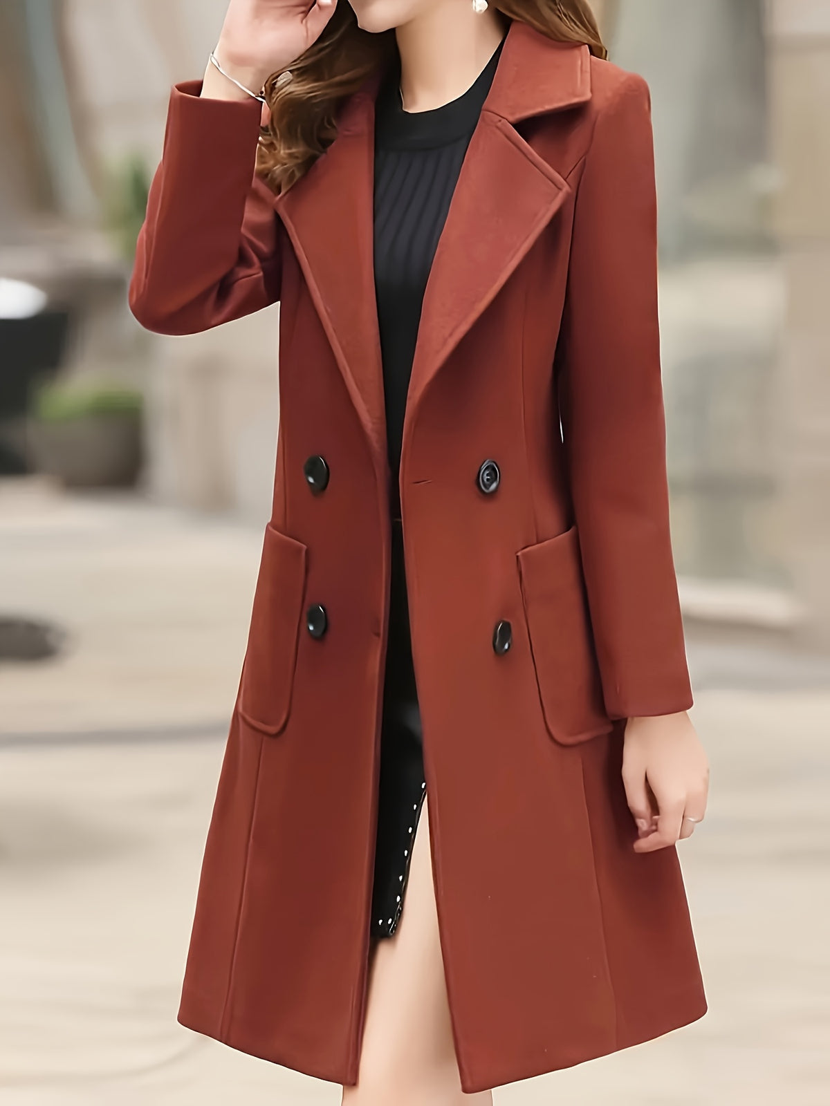 Double Breasted Open Jacket Women Solid Color Lapel Long Sleeve Elegant Fall Winter Outerwear Classic Button Coat