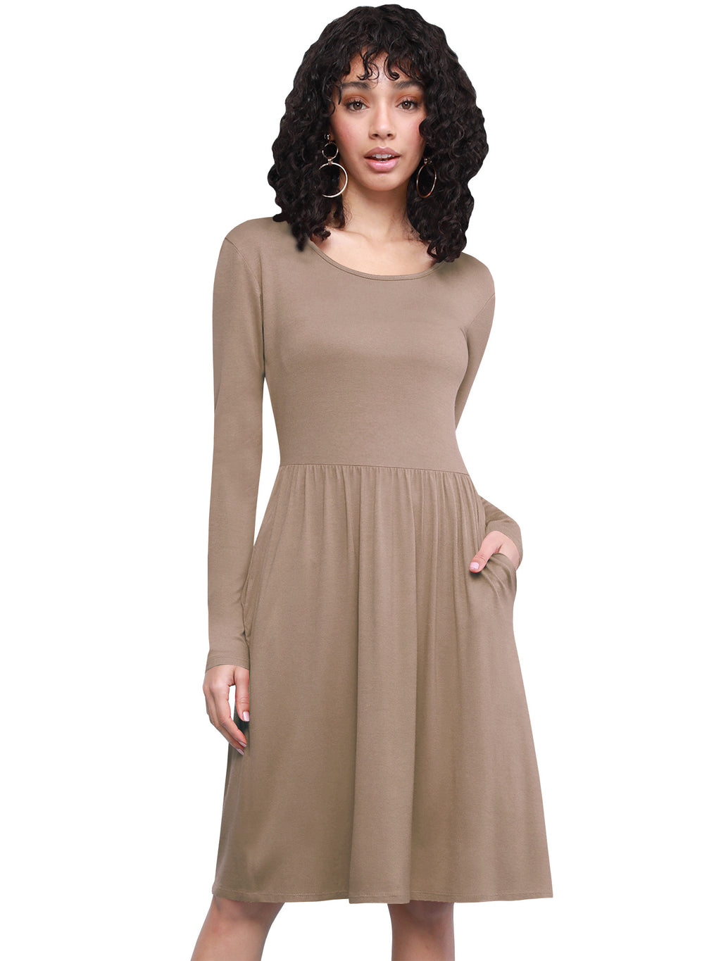 Long Sleeve Flowy Dress with Pockets Women Casual Soft Breathable Relaxed Fit Everyday Dress 18 Colors S-XXL