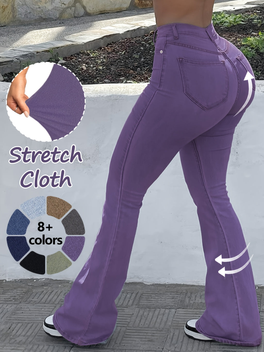 High Waist Stretch Flare Jeans Women Wide Leg Pants with Pockets – Solid Color Street Style, All-Season Comfortable Denim, Machine Washable