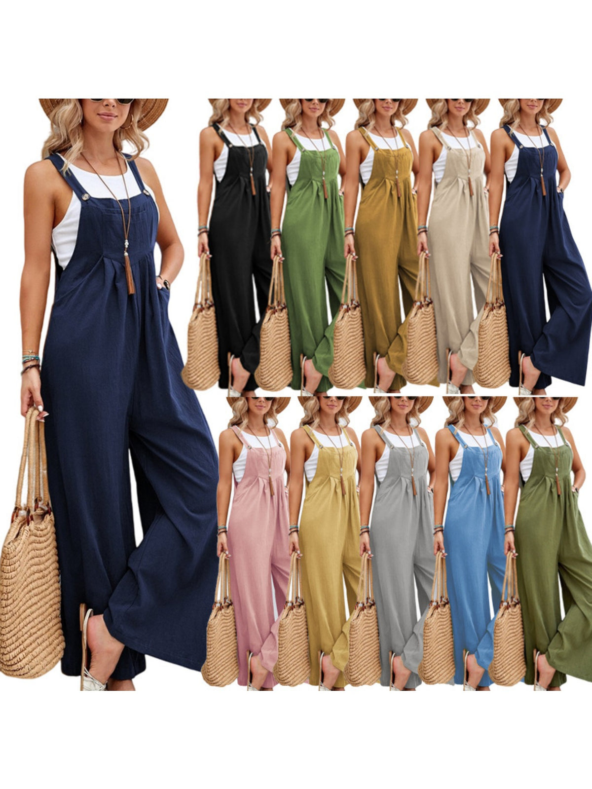 Retro Wide Leg Jumpsuit Women Mid Rise Solid Color Boho Chic Overalls Casual Daily Wear Spring Summer Fall One Piece