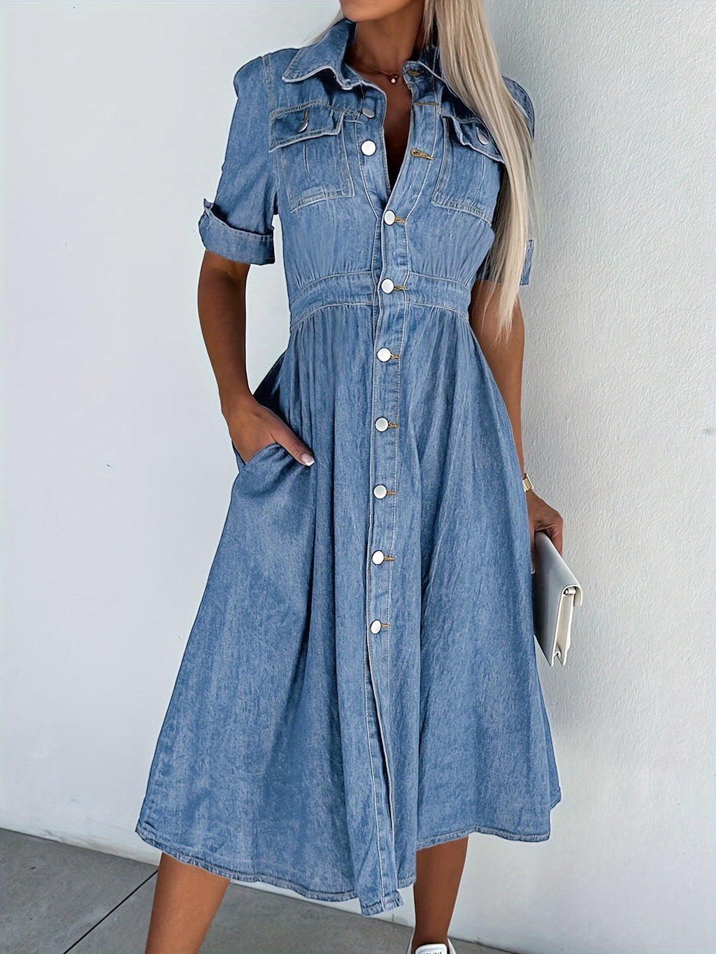 Women's A-Line Denim Jean Dress V-Neck Button Front with Pockets Casual Waist Fitted Shirt Dress Blue Dark Blue Medium Blue S-XXL