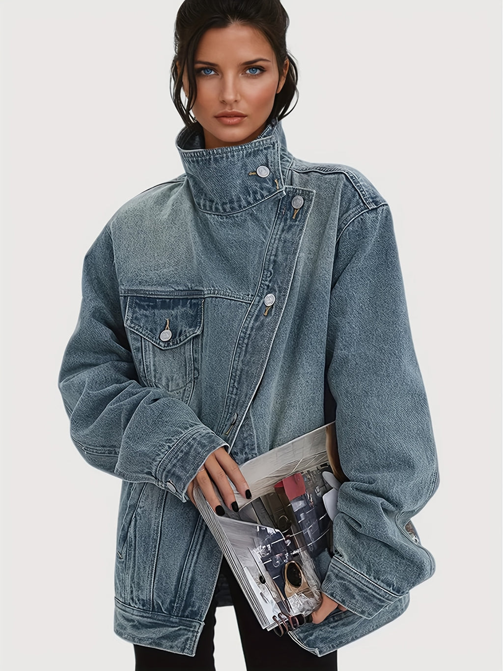 Vintage Washed High Neck Asymmetric Button Denim Jacket Women Loose Fit Drop Shoulder Streetwear Coat Light Blue Spring Fall S-XXL