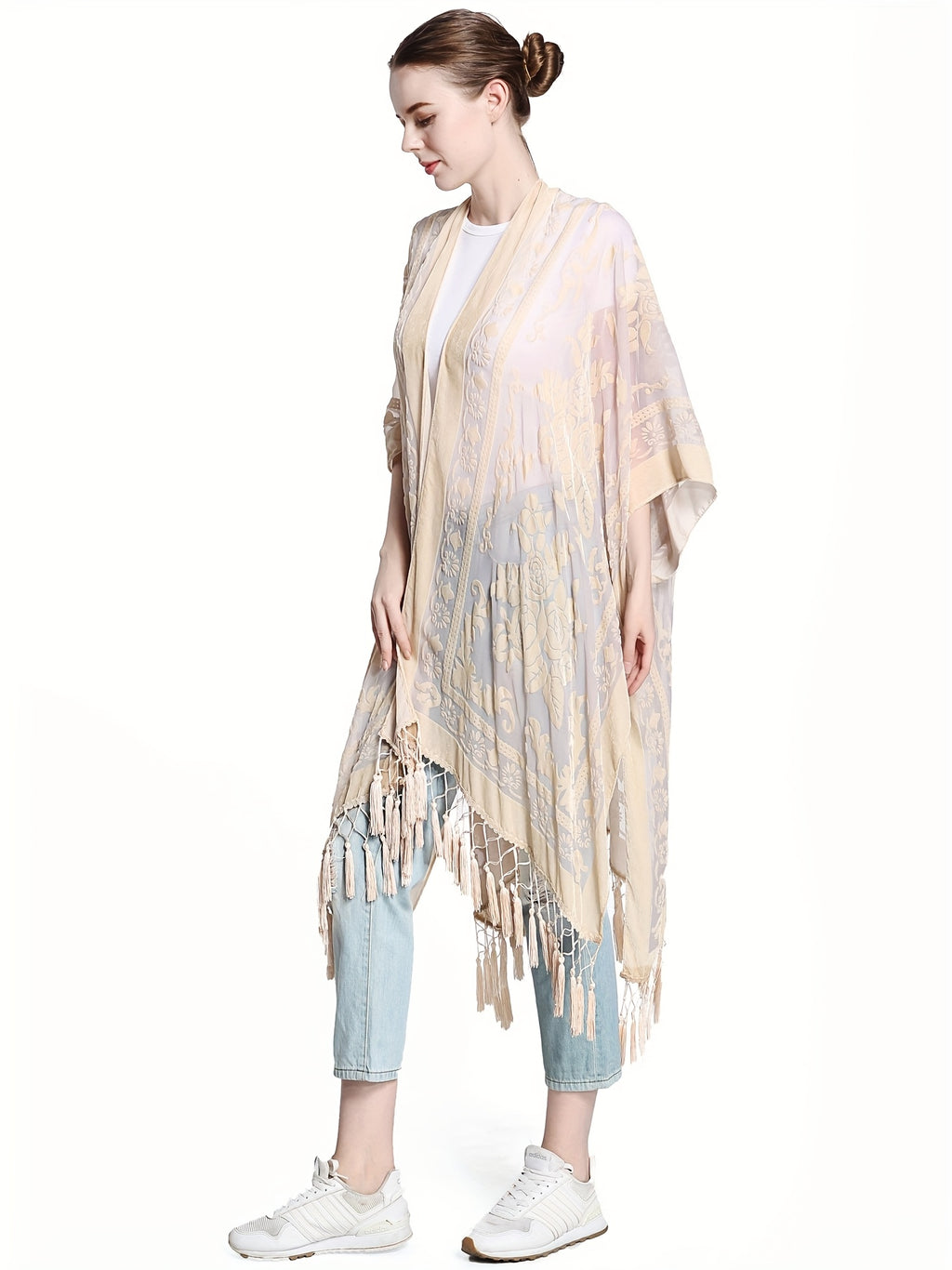 Boho Burnout Velvet Kimono Women Long Cardigan Cover Up Tassel Floral Embroidered One Size