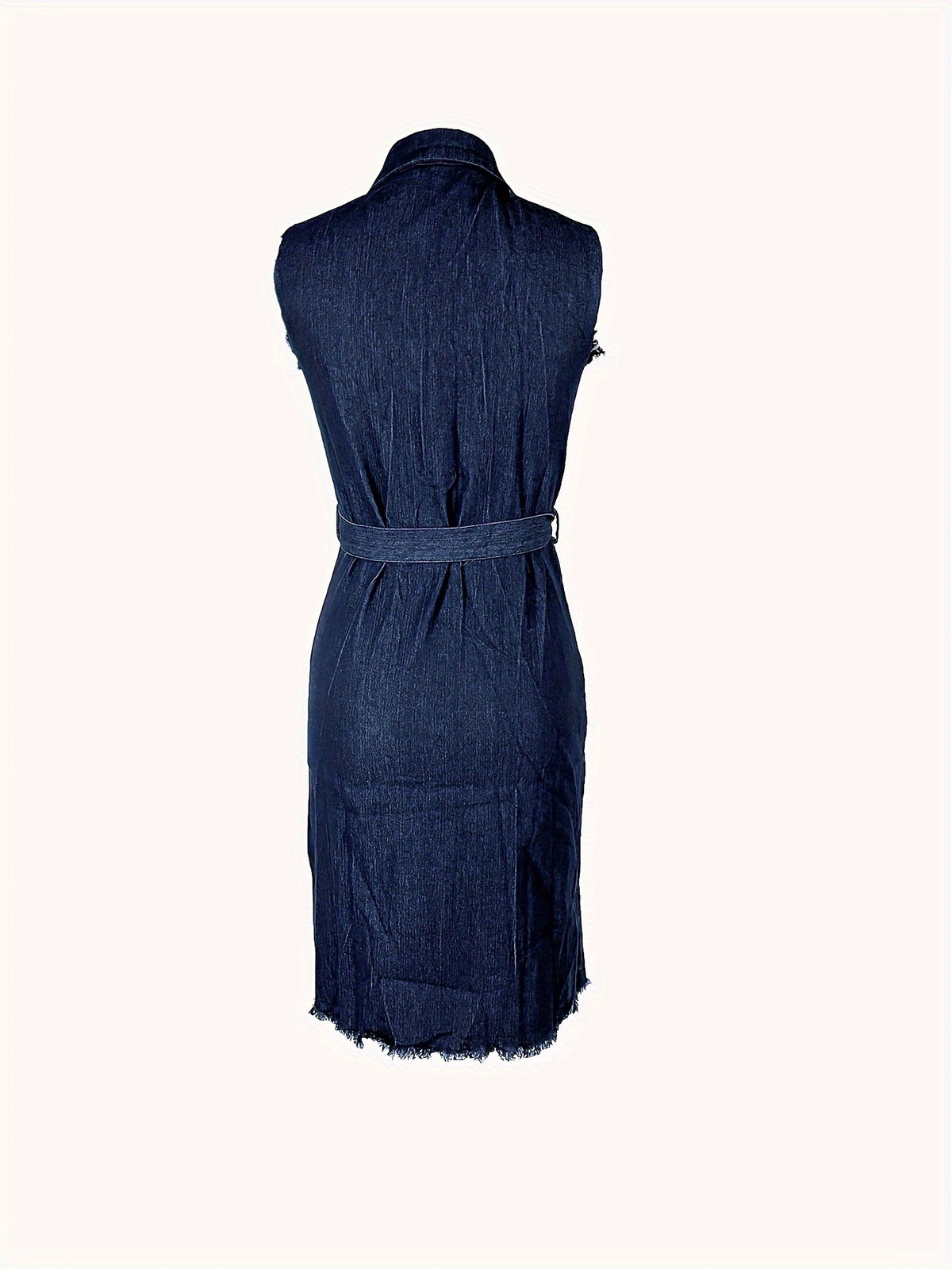 Ripped Denim Shirt Dress Women Button Front Slim Fit Hip Hugging Distressed Edge Burr Casual Dark Blue S-XXL