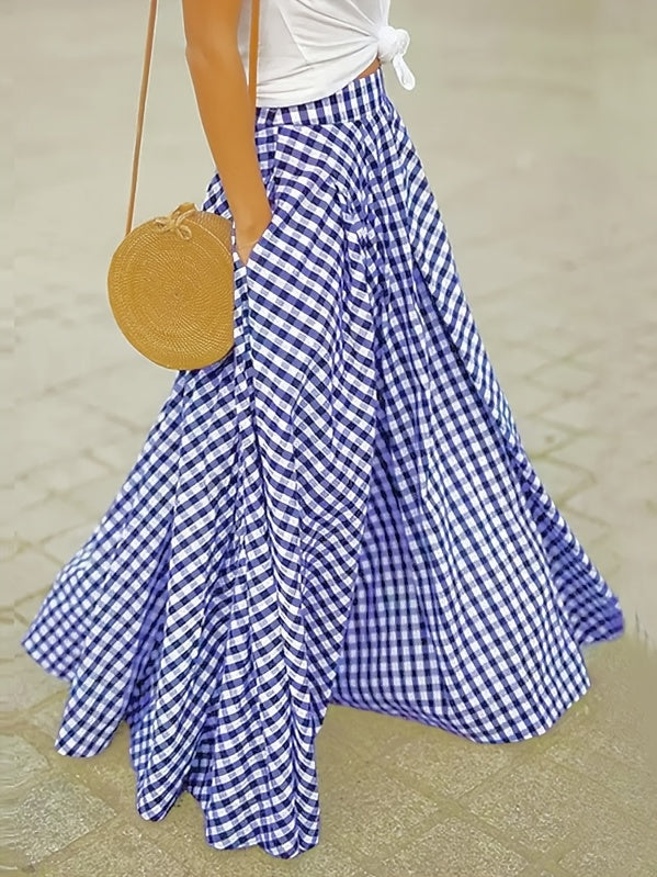Plaid High Waist A-Line Midi Skirt for Women Checkered Woven Opaque Flowing Mid Length Skirt Spring Fall Casual Streetwear Blue White Black White S-XXL