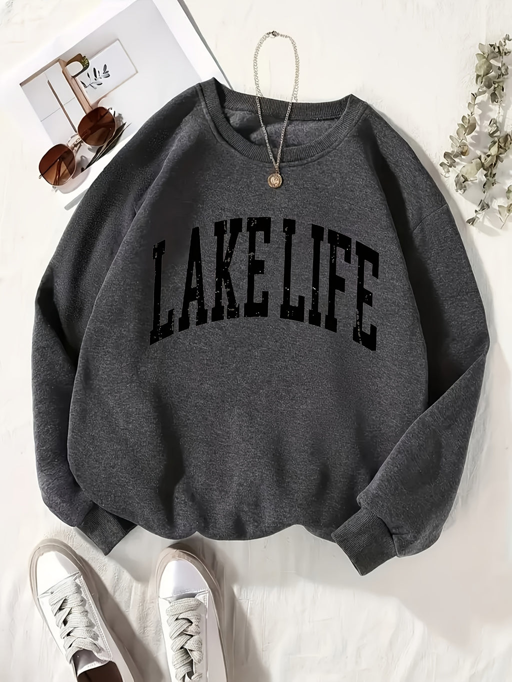 Love Life Letter Print Sweatshirt Women Round Neck Long Sleeve Casual Loose Pullover White Top Spring Fall