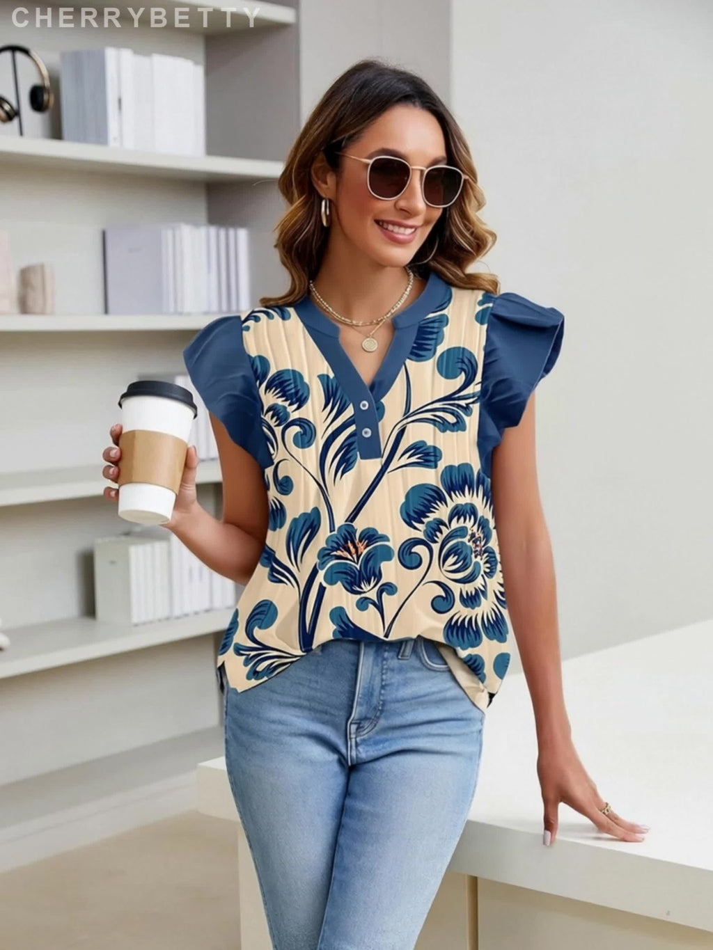 Boho Floral V-Neck Flutter Sleeve Blouse Women Paisley Western Vintage Print Hippie Chic Summer Top Blue S-XXL