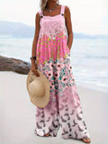 Women Boho Floral Jumpsuit Square Neck Button Suspender Spring Summer Vacation Pink S-XXL