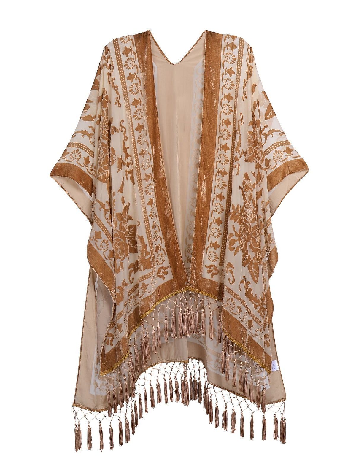 Boho Burnout Velvet Kimono Women Long Cardigan Cover Up Tassel Floral Embroidered One Size