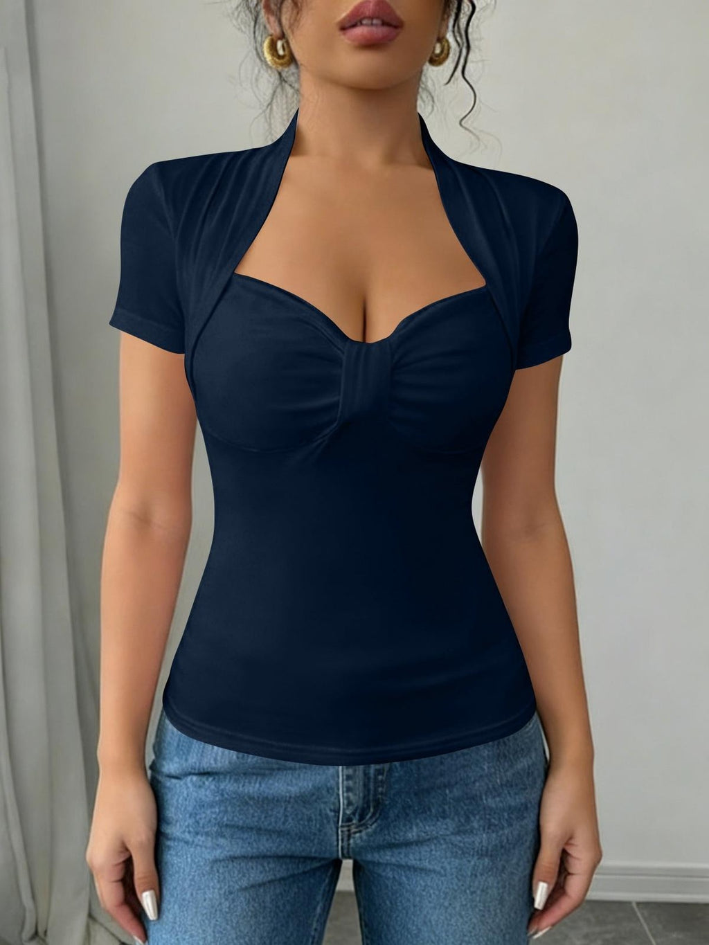 Sweetheart Neck Ruched Front T-Shirt Women Short Sleeve Slim Fit Stretch Tee Solid Color Fitted Casual Top Daily Work Travel Streetwear S-XXL