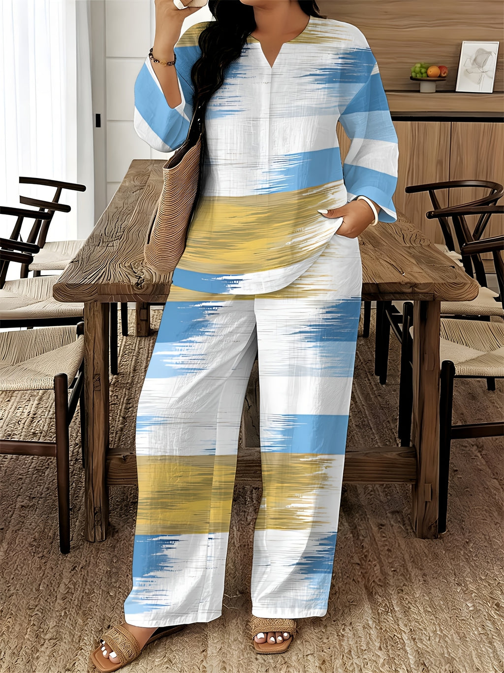 V-Neck Long Sleeve Printed Shirt Pants 2pcs Set Women Floral Digital Print Elastic Waist Casual Loungewear Spring Summer Two-Piece Outfit 15 Colors S-XXL