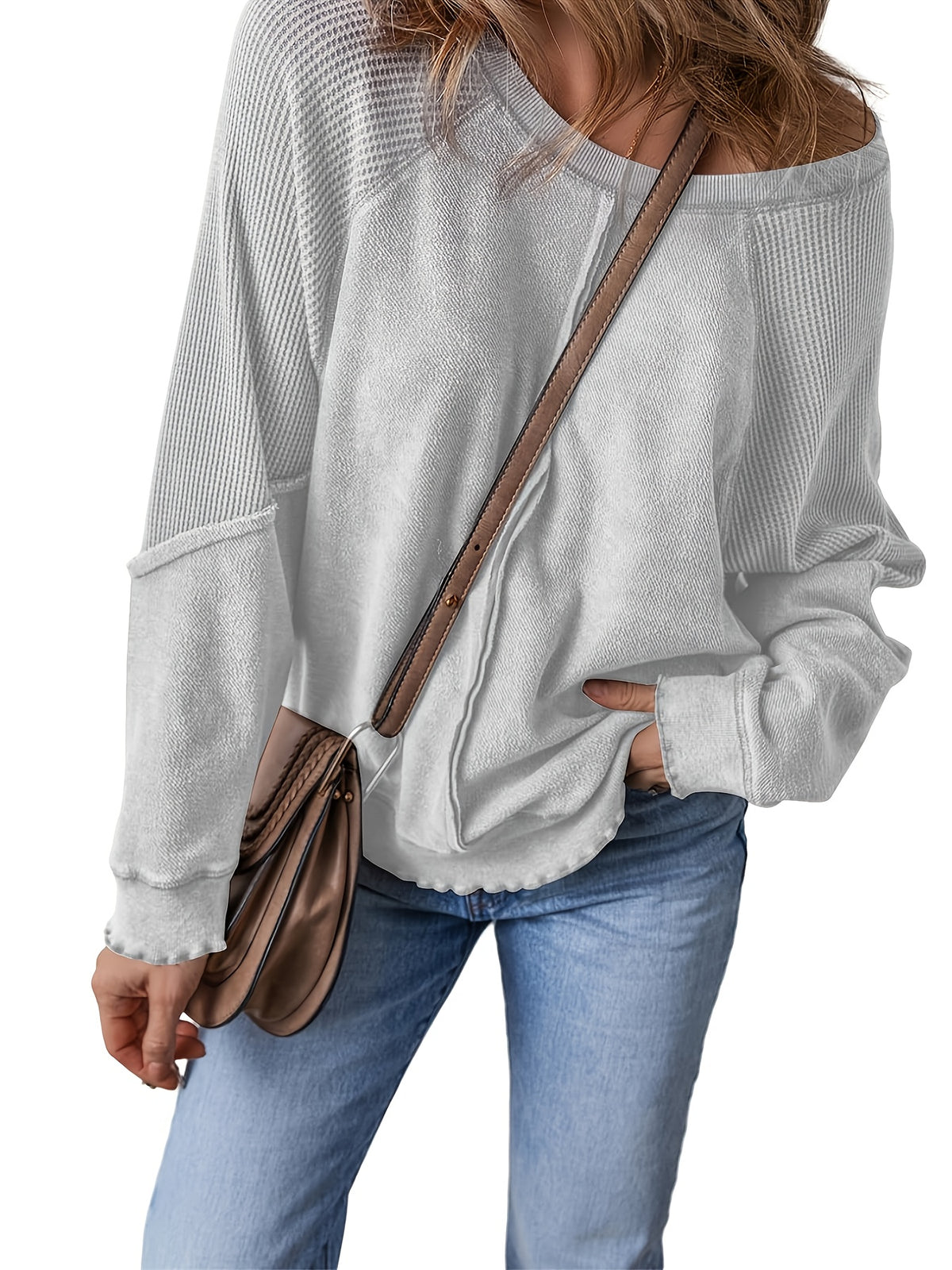 Women's Waffle Knit Long Sleeve Top Loose Spliced Color Block Casual Street Fashion Spring Fall Lightweight Pullover Shirt