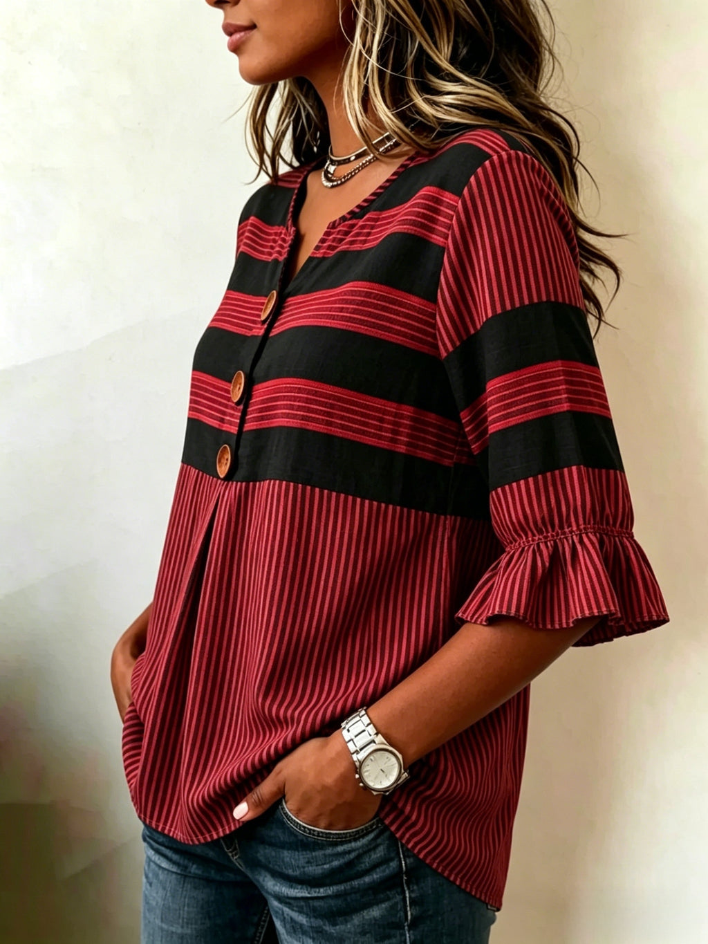 Striped V-Neck Blouse Women Ruffle 3/4 Sleeve Loose Fit Tunic Top Lightweight Linen Button Detail Summer Shirt S-2XL
