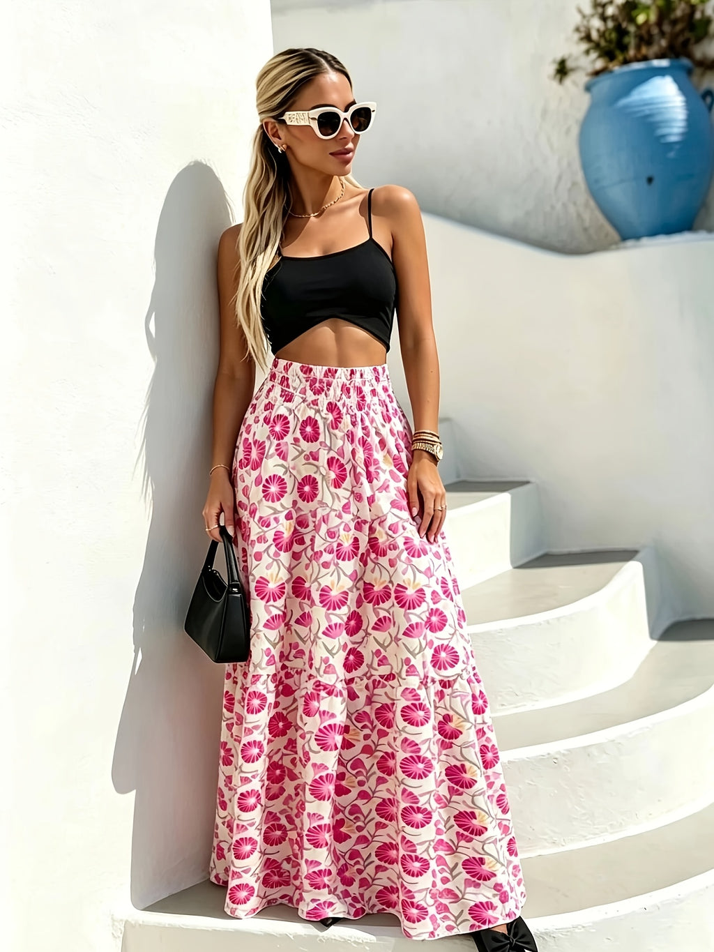 Bohemian Abstract Print High Waist Pleated Maxi Skirt Women Flowy Long Skirt Floral Graphic Summer Fall Fashion S-XXL