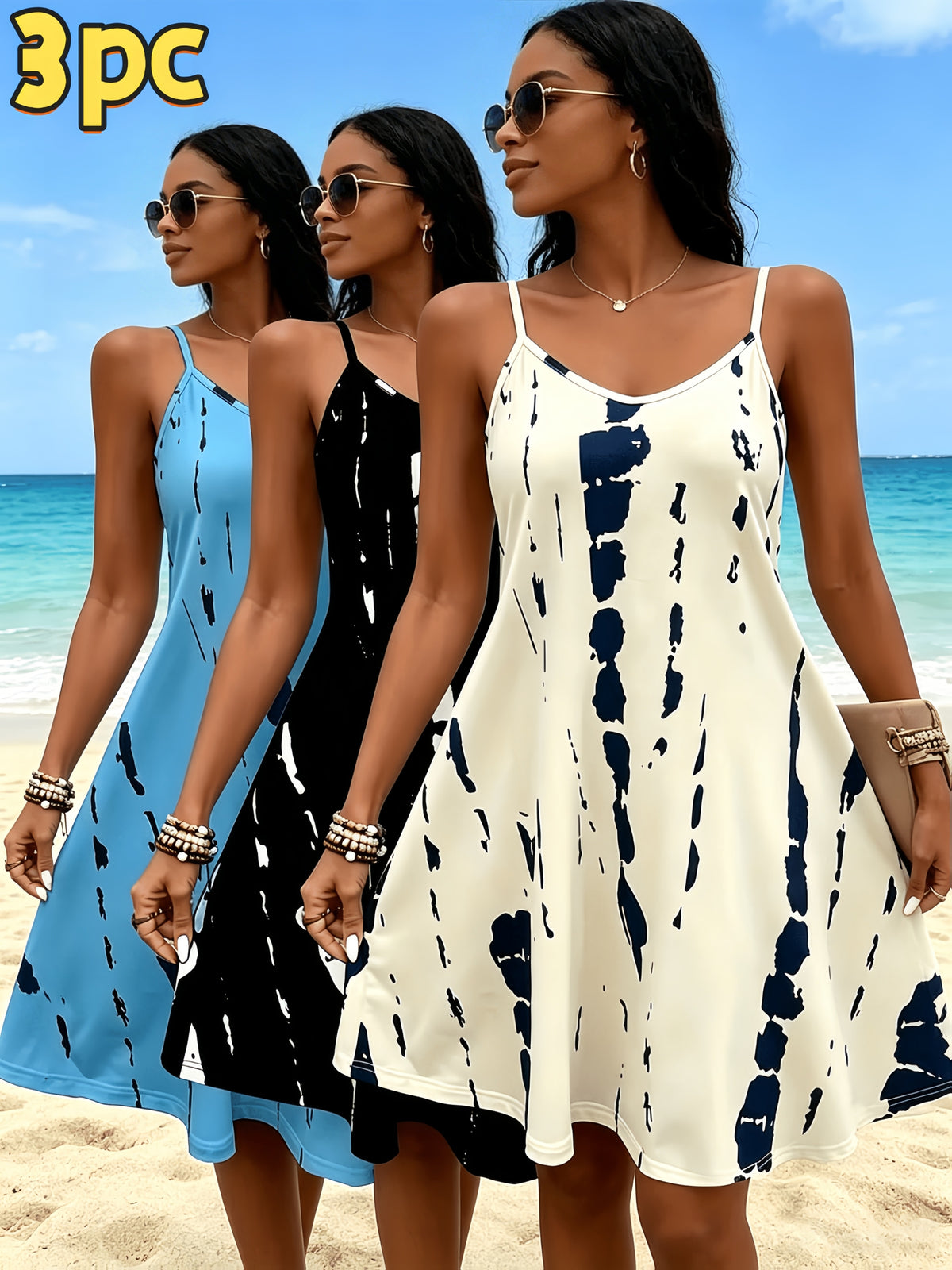 Women's 3-Piece Tie-Dye Striped Camisole Dress Set Crew Neck Casual Summer Outfit S-XXL