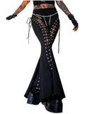 Gothic Flared Wide Leg Pants for Women – Retro High Waist Lace-Up Crisscross Strap Stud Detail, 95% Polyester Stretch Knit Spring Fall Casual Edgy Statement Bottoms, Bold Fashion Trousers S-XXL