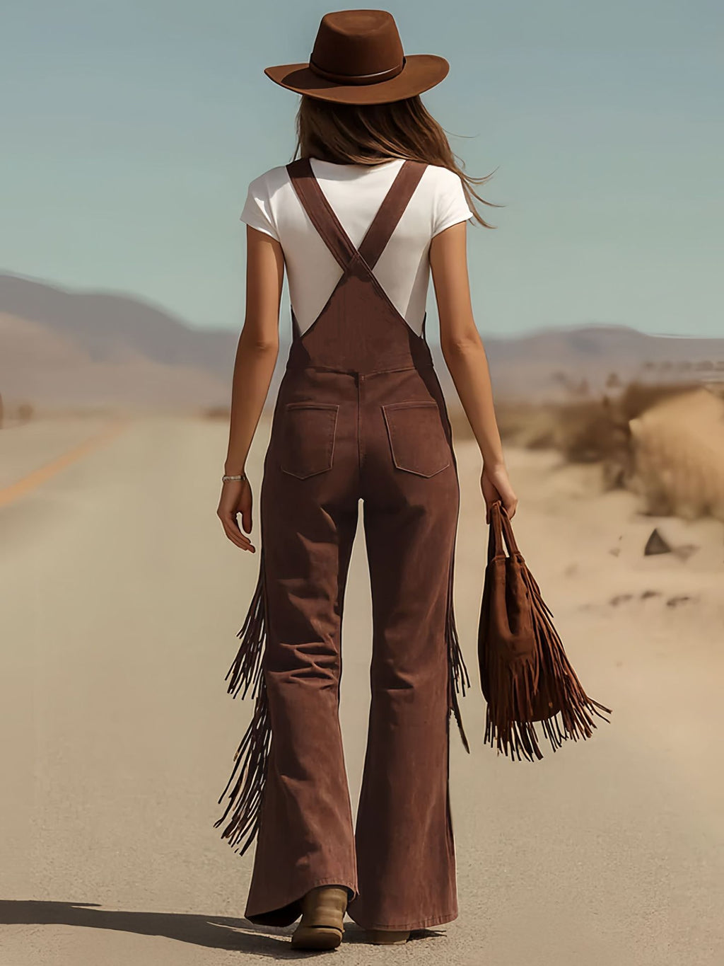 Vintage Fringe Overalls Women Wide Leg Loose Faux Suede Western Boho Festival Country Concert Halloween Costume Outfit